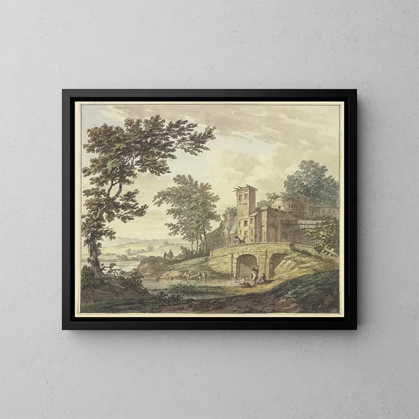 a painting near a bridge and several buildings in the water, five children bathing - Hermanus Numan — framed artwork on a wall