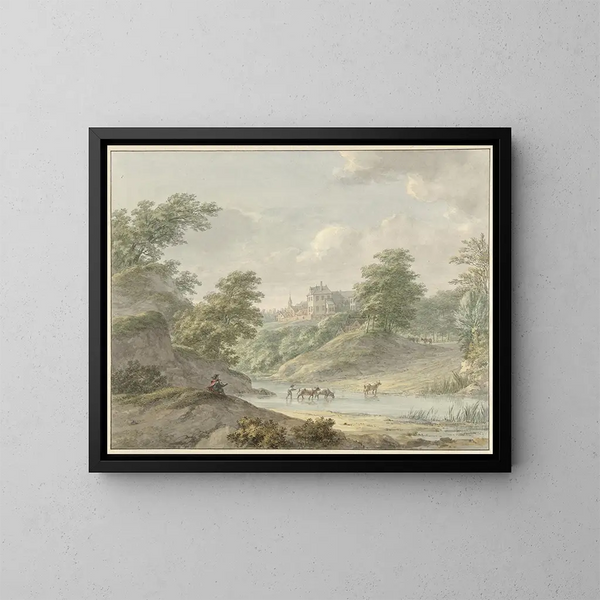 Landscape painting with seated draftsman and castle by the water - Hermanus Numan — framed artwork on a wall