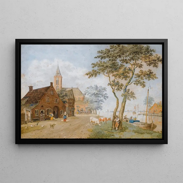 a village by a wide riverbank - Hermanus Petrus Schouten — framed artwork on a wall