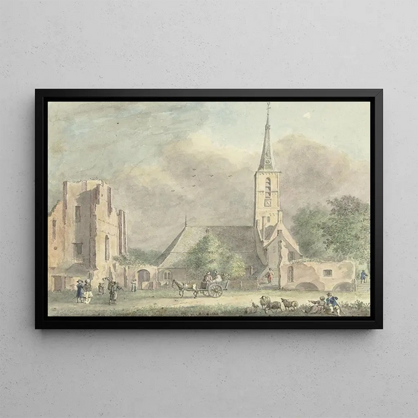 Church and Ruin of the Abbey at Rijnsburg - Hermanus Petrus Schouten — framed artwork on a wall