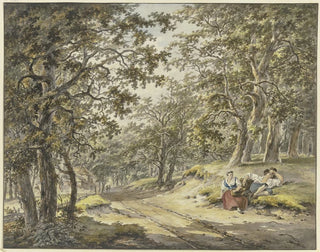 Path through the forest, passing in front of an orchard, with a peasant and a peasant woman resting with their baskets - Hermanus van Brussel — artwork view