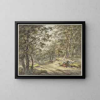 Path through the forest, passing in front of an orchard, with a peasant and a peasant woman resting with their baskets - Hermanus van Brussel — framed artwork on a wall