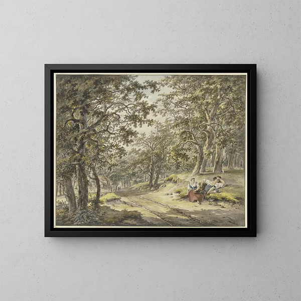 Path through the forest, passing in front of an orchard, with a peasant and a peasant woman resting with their baskets - Hermanus van Brussel — framed artwork on a wall