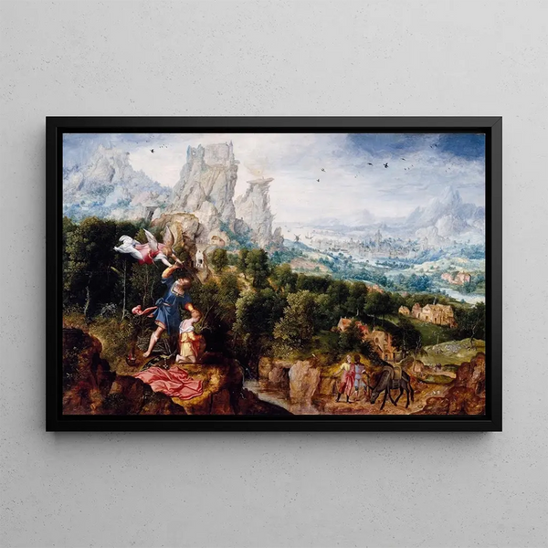 Landscape Painting with the Offering of Isaac - Herri met de Bles — framed artwork on a wall