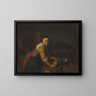 a Servant washing pots in a kitchen - Heyman Dullaert — framed artwork on a wall