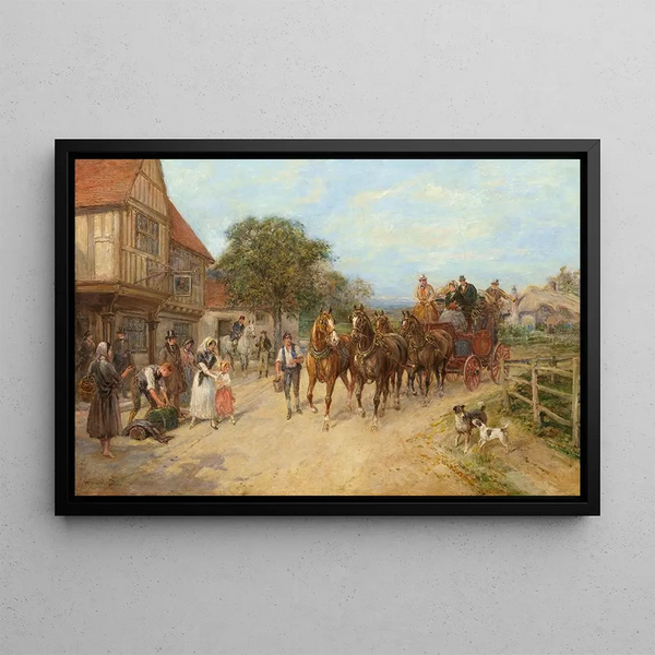 Arrival of the Stagecoach - Heywood Hardy — framed artwork on a wall