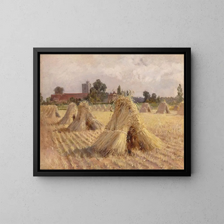 Les meules de maïs près de l'église de Bray - Heywood Hardy — framed artwork on a wall