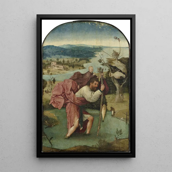 Saint Christopher carrying the Baby Jesus - Jérôme Bosch — framed artwork on a wall
