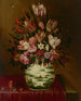 a still life with flowers in a porcelain vase on a draped table - Hieronymus Wechinger — artwork view