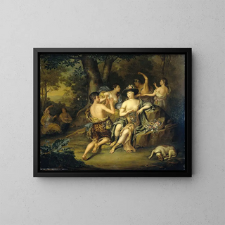 Shepherds and Shepherdesses in a Landscape - Hieronymus van der Mij — framed artwork on a wall