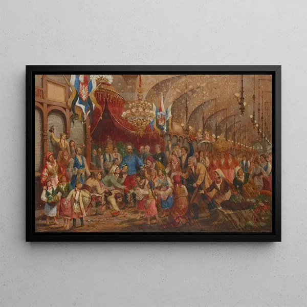 L'Empereur dans la Halle aux Draps de Sukiennice parmi le peuple de Cracovie - Hipolit Lipiński — framed artwork on a wall
