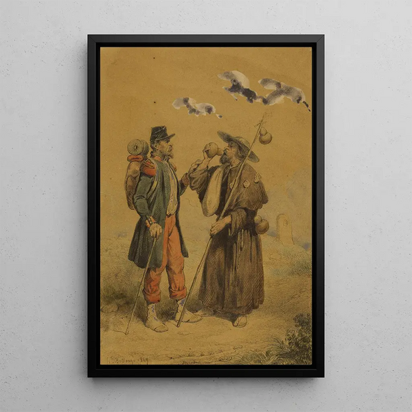 Soldier giving a drink to a pilgrim - Hippolyte Bellangé — framed artwork on a wall