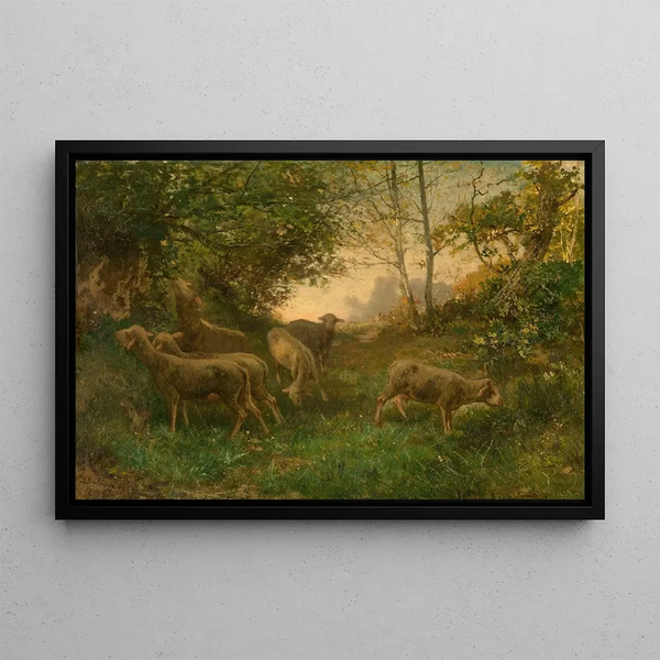 Sheep at the Edge of the Woods - Hippolyte Boulenger — framed artwork on a wall