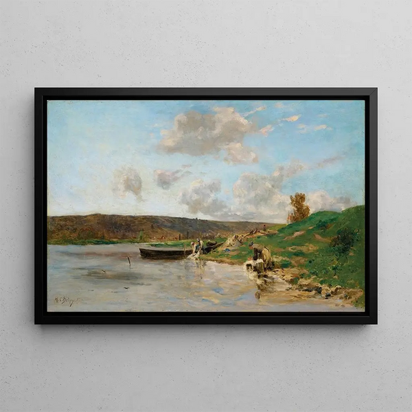 Bord de la Seine à Rangiport le matin - Hippolyte Camille Delpy — framed artwork on a wall