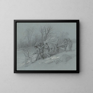 Workers gathering ice at the water's edge - Hippolyte Lalaisse — framed artwork on a wall