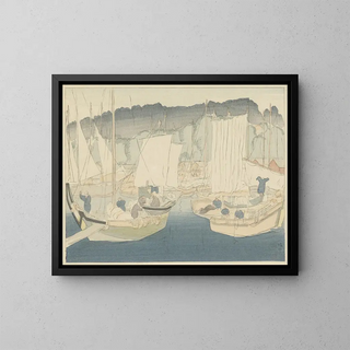 Bateaux dans le port de Shiogama - Hirafuku Hyakusui — framed artwork on a wall