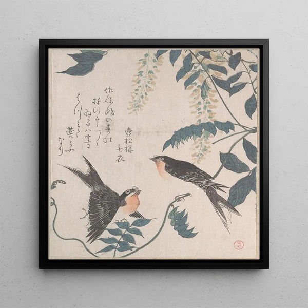 Hirondelles et glycine - Kubo Shunman — framed artwork on a wall