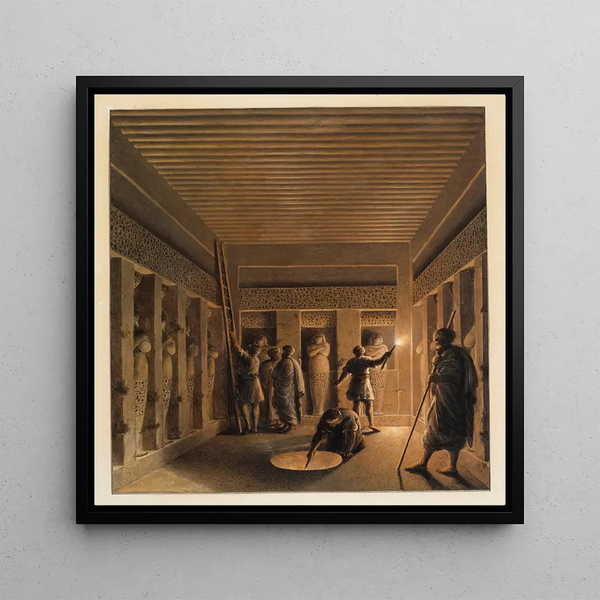 Hommes arabes découvrant l'intérieur d'une pyramide - Luigi Mayer — framed artwork on a wall