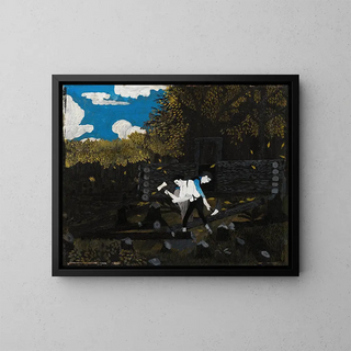 Abraham Lincoln and his father building their cabin on Pigeon Creek - Horace Pippin — framed artwork on a wall