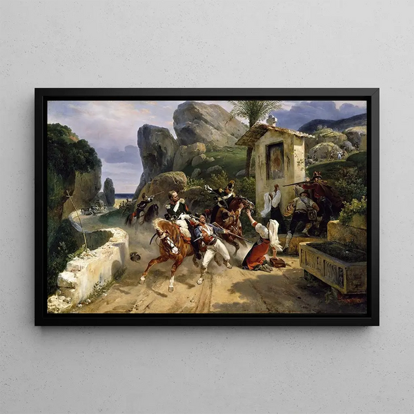 Italian bandits surprised by papal troops - Horace Vernet — framed artwork on a wall