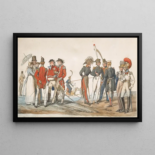 English and French officers discussing - Horace Vernet — framed artwork on a wall