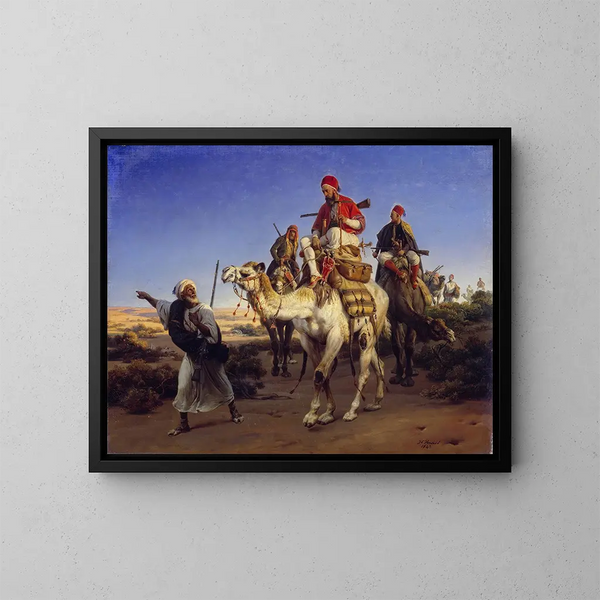 L'artiste et ses compagnons voyageant dans le désert - Horace Vernet — framed artwork on a wall