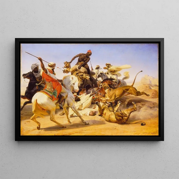 La chasse au lion - Horace Vernet — framed artwork on a wall