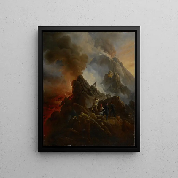 Mount Vesuvius erupting, the artist and his father Carle Vernet in the foreground - Horace Vernet — framed artwork on a wall