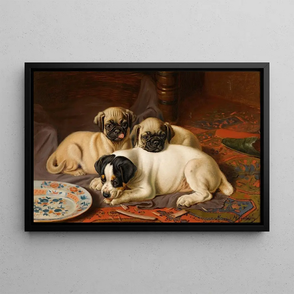 Dinner: Two pugs and a terrier - Horatio Henry Couldery — framed artwork on a wall