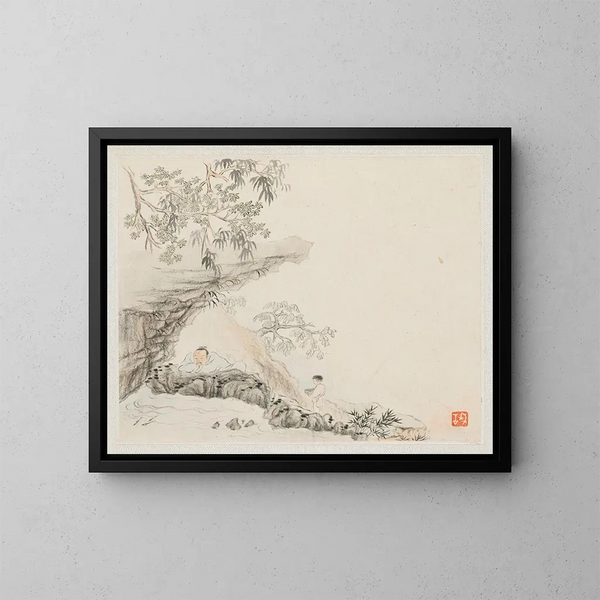 a man lying under a rocky overhang, a boy stands to his right - Hua Yan — framed artwork on a wall