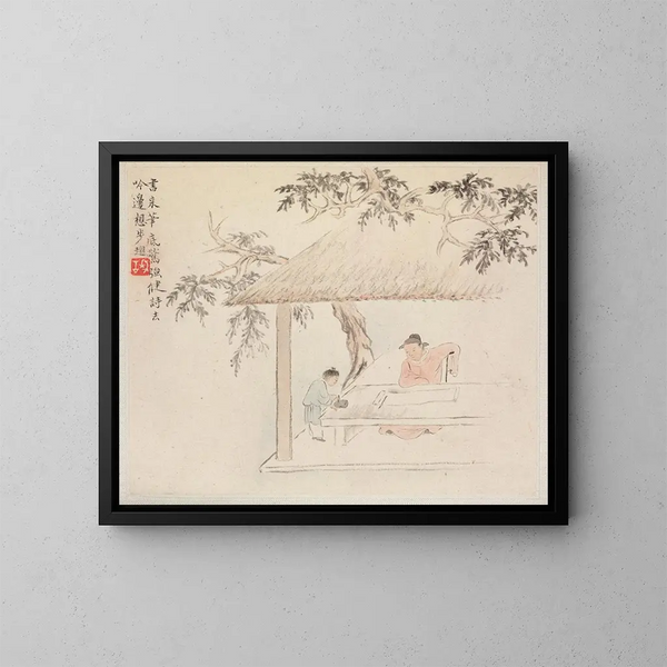 a man sitting at a table in front of an open scroll, a boy mixing ink - Hua Yan — framed artwork on a wall