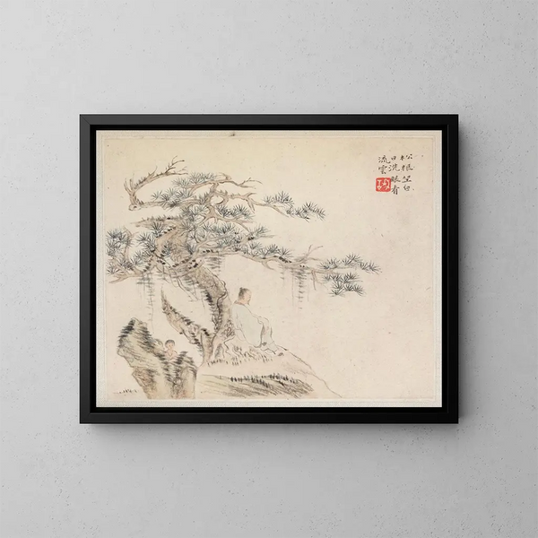 an old man sitting under a pine tree, a boy behind a stone - Hua Yan — framed artwork on a wall