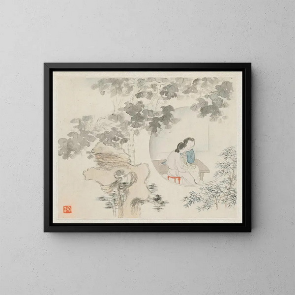 Two women sitting at a table within a circle visible in a landscape - Hua Yan — framed artwork on a wall