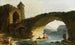 River landscape painting with washerwomen near a ruined bridge - Hubert Robert — artwork view