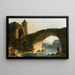 River landscape painting with washerwomen near a ruined bridge - Hubert Robert — framed artwork on a wall