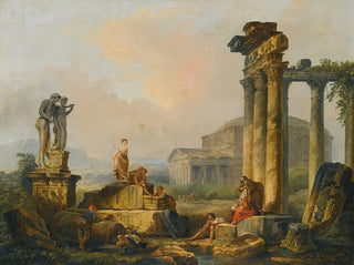 a landscape with shepherds and shepherdesses among ancient ruins with the statue of Castor and Pollux and the Pantheon in the distance - Hubert Robert — artwork view
