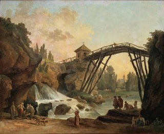 a Drawing of a person drawing the wooden bridge in Mrville park - Hubert Robert — artwork view