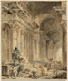 a gallery painting with vaulted columns and an ancient seated statue - Hubert Robert — artwork view