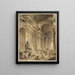 a gallery painting with vaulted columns and an ancient seated statue - Hubert Robert — framed artwork on a wall