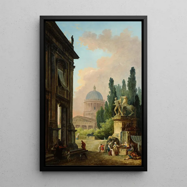 Vue imaginaire de Rome avec le dompteur de chevaux du Monte Cavallo et une église - Hubert Robert — framed artwork on a wall