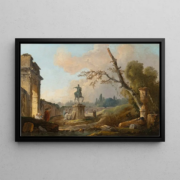 Landscape painting with ruins and the statue of Marcus Aurelius - Hubert Robert — framed artwork on a wall