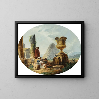 Landscape with Soldiers and a Pyramid - Hubert Robert — framed artwork on a wall
