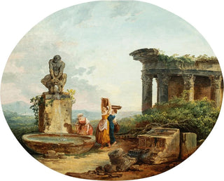Landscape painting with washerwomen at a fountain - Hubert Robert — artwork view