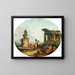 Landscape painting with washerwomen at a fountain - Hubert Robert — framed artwork on a wall