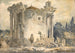 The Temple of the Sibyl at Tivoli: a man in a coat and hat on the steps, a group of monks on the right - Hubert Robert — artwork view