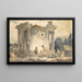 The Temple of the Sibyl at Tivoli: a man in a coat and hat on the steps, a group of monks on the right - Hubert Robert — framed artwork on a wall