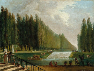 The park of a country villa with characters strolling near a water cascade - Hubert Robert — artwork view