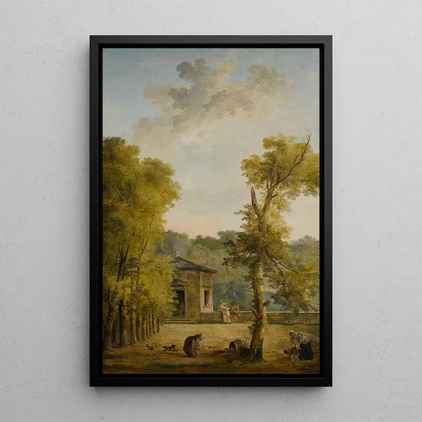 View of a walled garden courtyard with a woman feeding chickens and other characters in the foreground - Hubert Robert — framed artwork on a wall