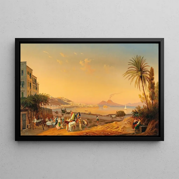 Naples painting, an animated scene on the promenade at dusk with Mount Vesuvius in the background - Hubert Sattler — framed artwork on a wall