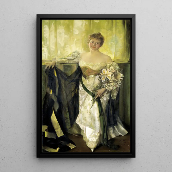 Alice Barney in white satin - Hubert Vos — framed artwork on a wall